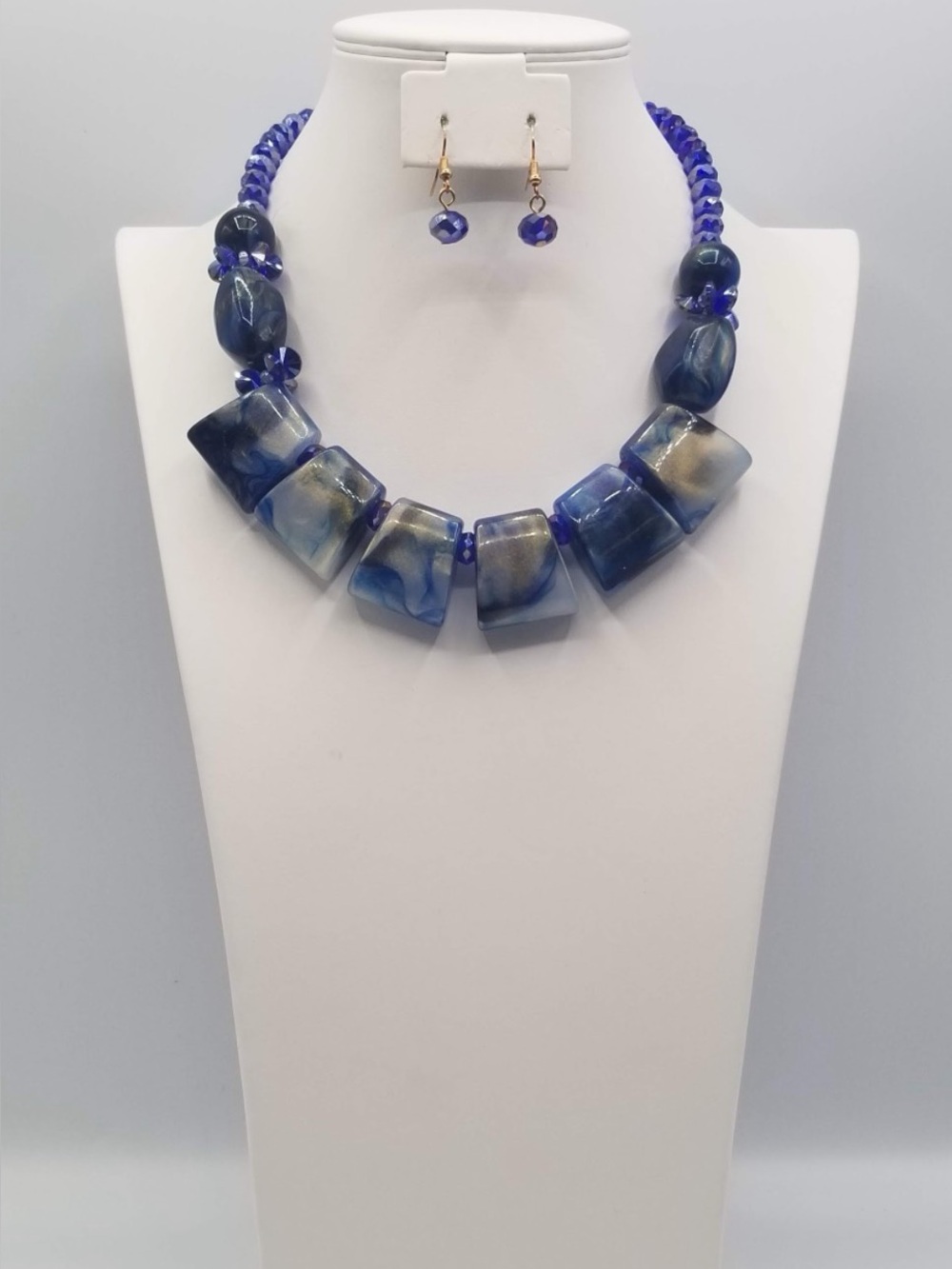 Blue Marbled Bead Necklace and Earring Set